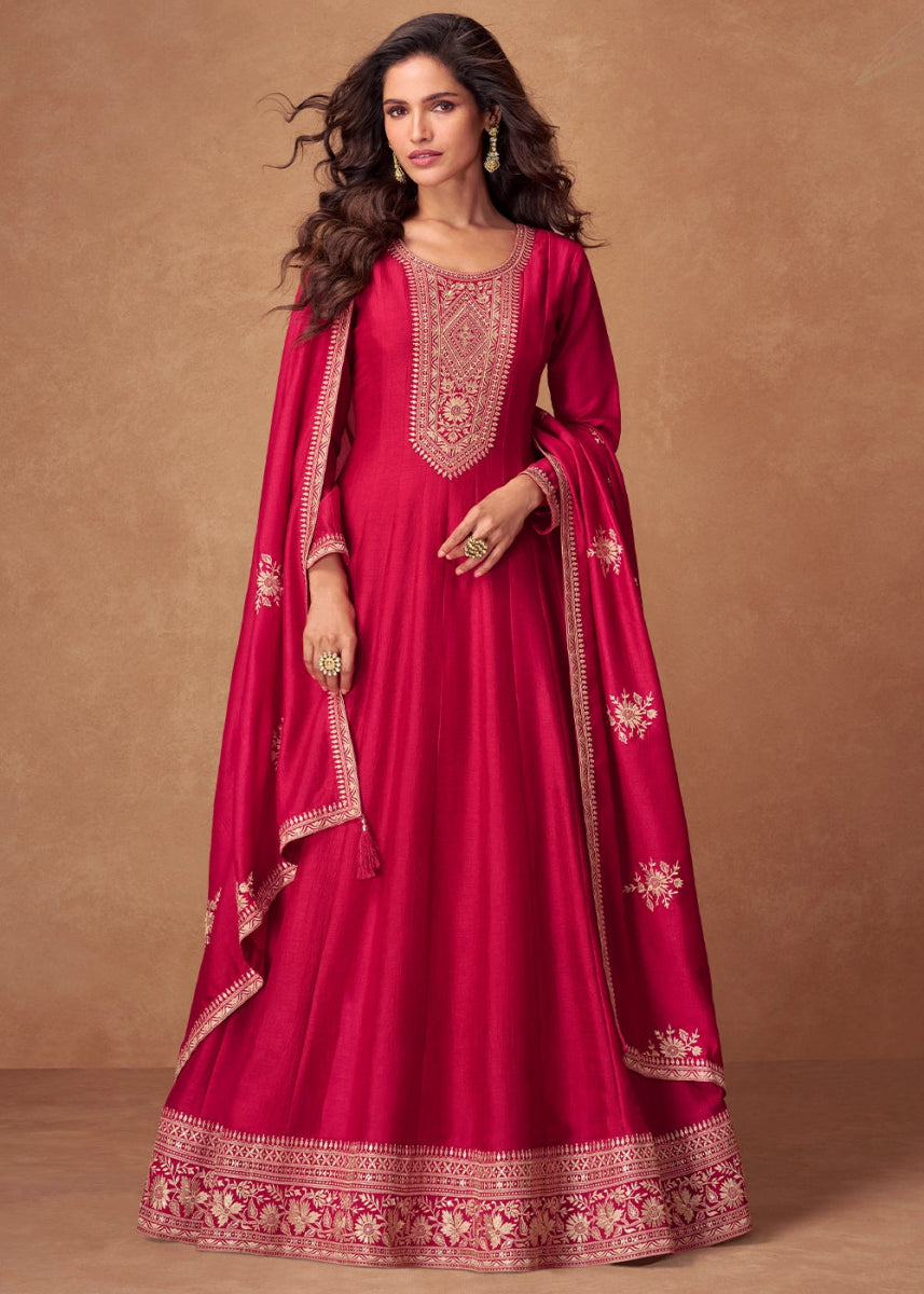 Cerise Pink Silk Anarkali Gown with Handcrafted Embroidery - House of Sarvati LLC