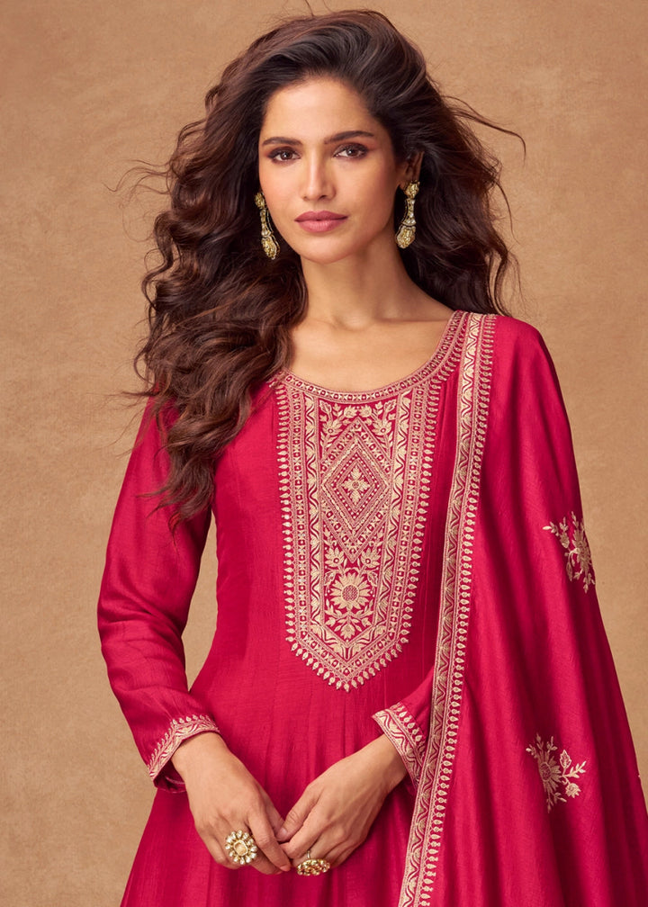 Cerise Pink Silk Anarkali Gown with Handcrafted Embroidery - House of Sarvati LLC