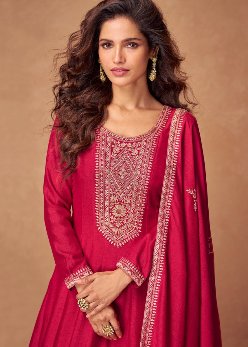 Cerise Pink Silk Anarkali Gown with Handcrafted Embroidery - House of Sarvati LLC