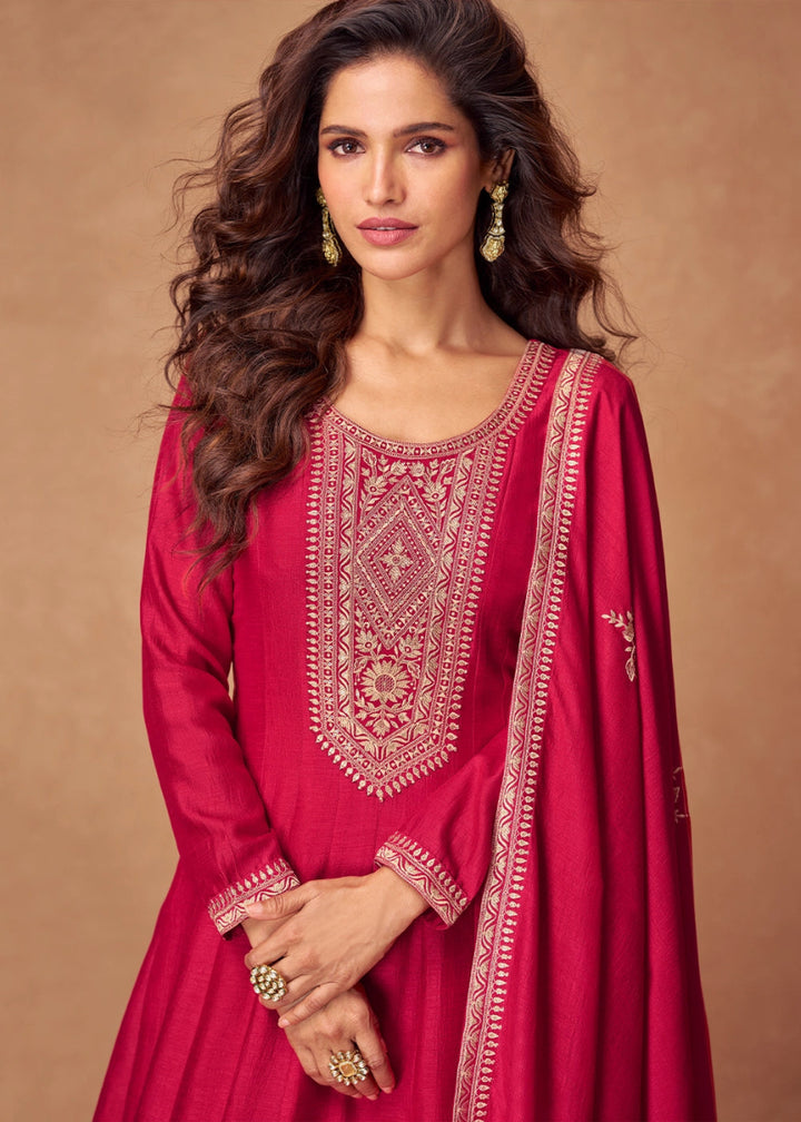 Cerise Pink Silk Anarkali Gown with Handcrafted Embroidery - House of Sarvati LLC