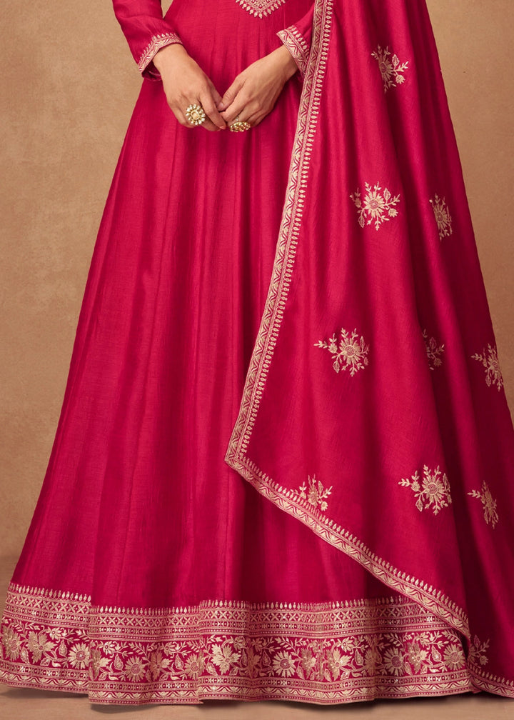 Cerise Pink Silk Anarkali Gown with Handcrafted Embroidery - House of Sarvati LLC