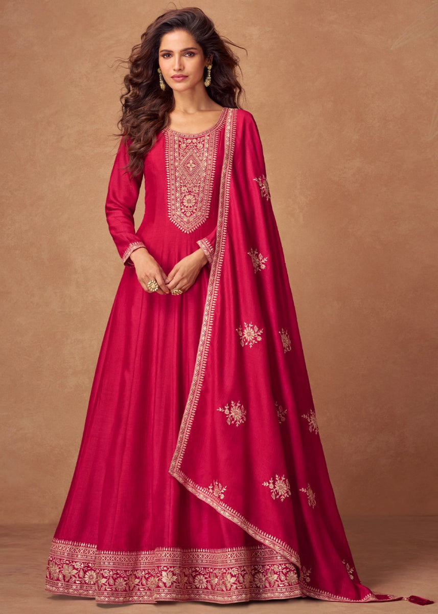 Cerise Pink Silk Anarkali Gown with Handcrafted Embroidery - House of Sarvati LLC