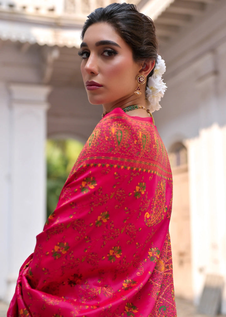 Cerise Pink Silk Saree with Intricate Threadwork Floral Jaal - House of Sarvati LLC