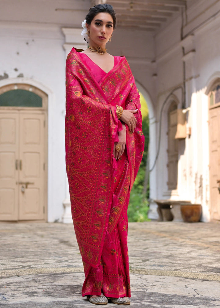 Cerise Pink Silk Saree with Intricate Threadwork Floral Jaal - House of Sarvati LLC