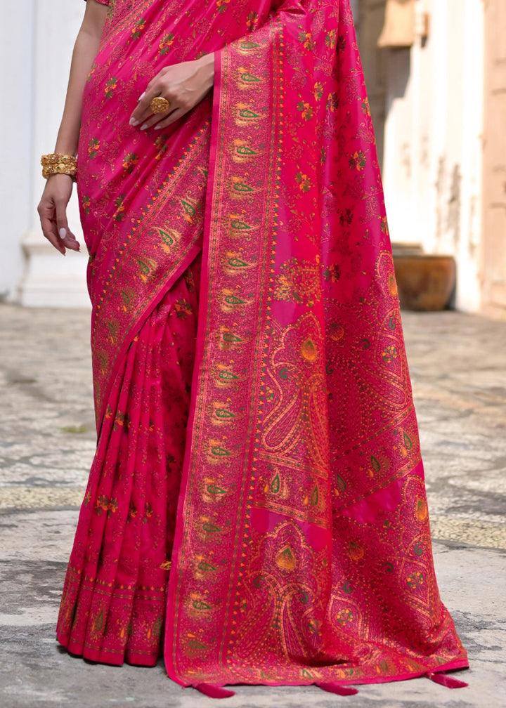 Cerise Pink Silk Saree with Intricate Threadwork Floral Jaal - House of Sarvati LLC