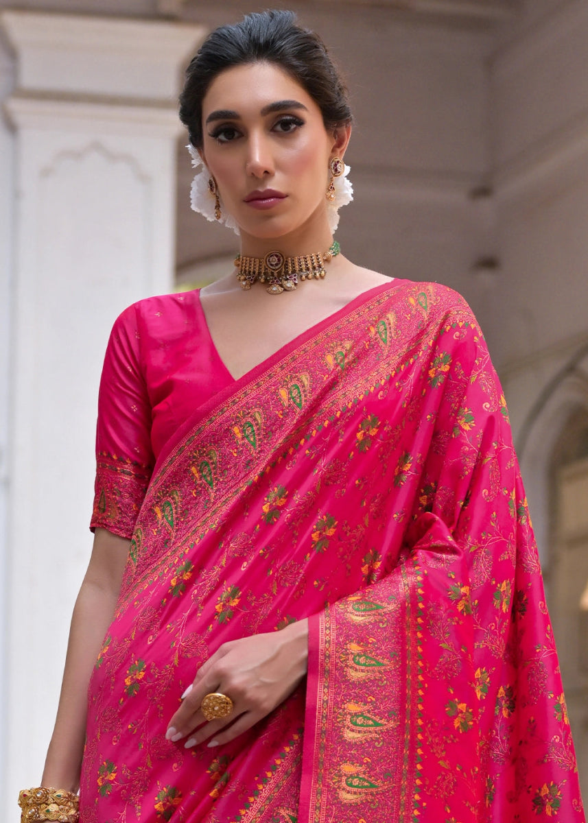 Cerise Pink Silk Saree with Intricate Threadwork Floral Jaal - House of Sarvati LLC