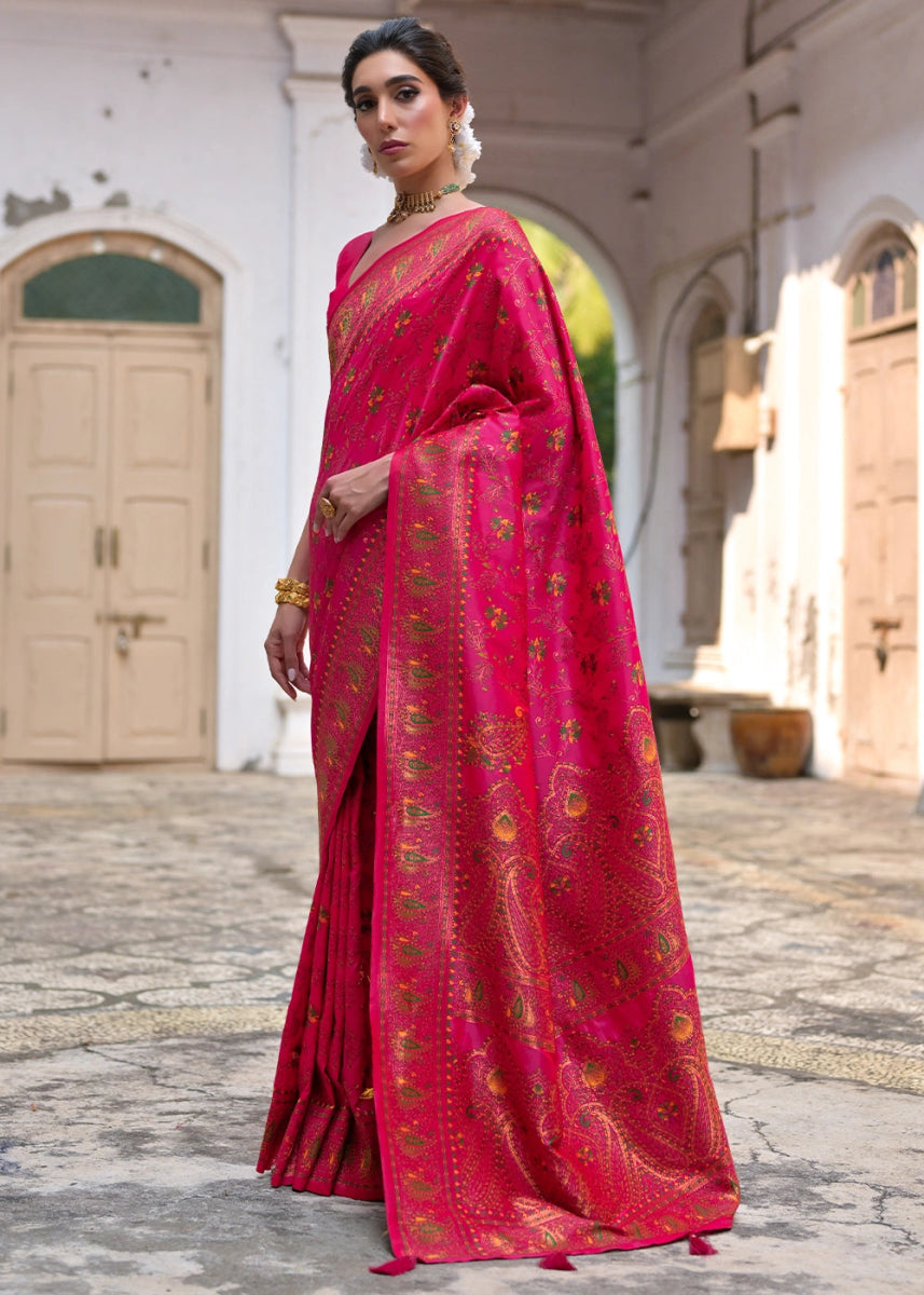 Cerise Pink Silk Saree with Intricate Threadwork Floral Jaal - House of Sarvati LLC