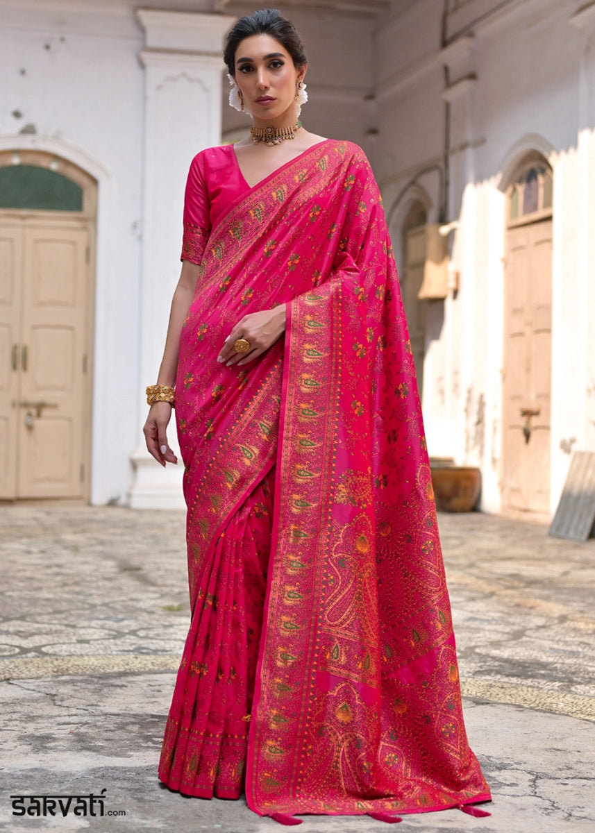 Cerise Pink Silk Saree with Intricate Threadwork Floral Jaal - House of Sarvati LLC