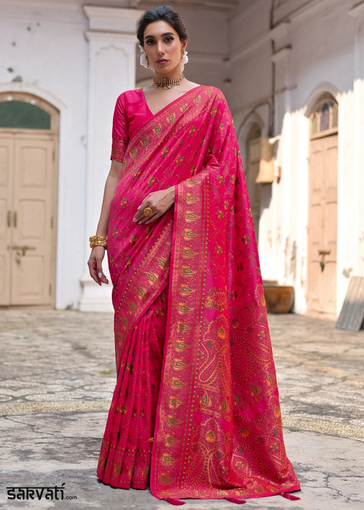 Cerise Pink Silk Saree with Intricate Threadwork Floral Jaal - House of Sarvati LLC