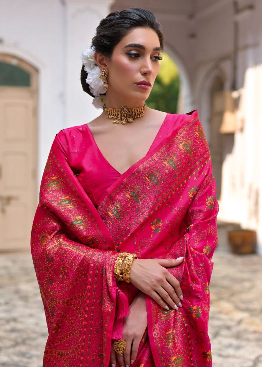 Cerise Pink Silk Saree with Intricate Threadwork Floral Jaal - House of Sarvati LLC