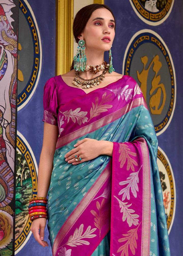 Cerulean Blue Banarasi Silk Saree with Contrasting Pallu and Woven Zari - House of Sarvati LLC