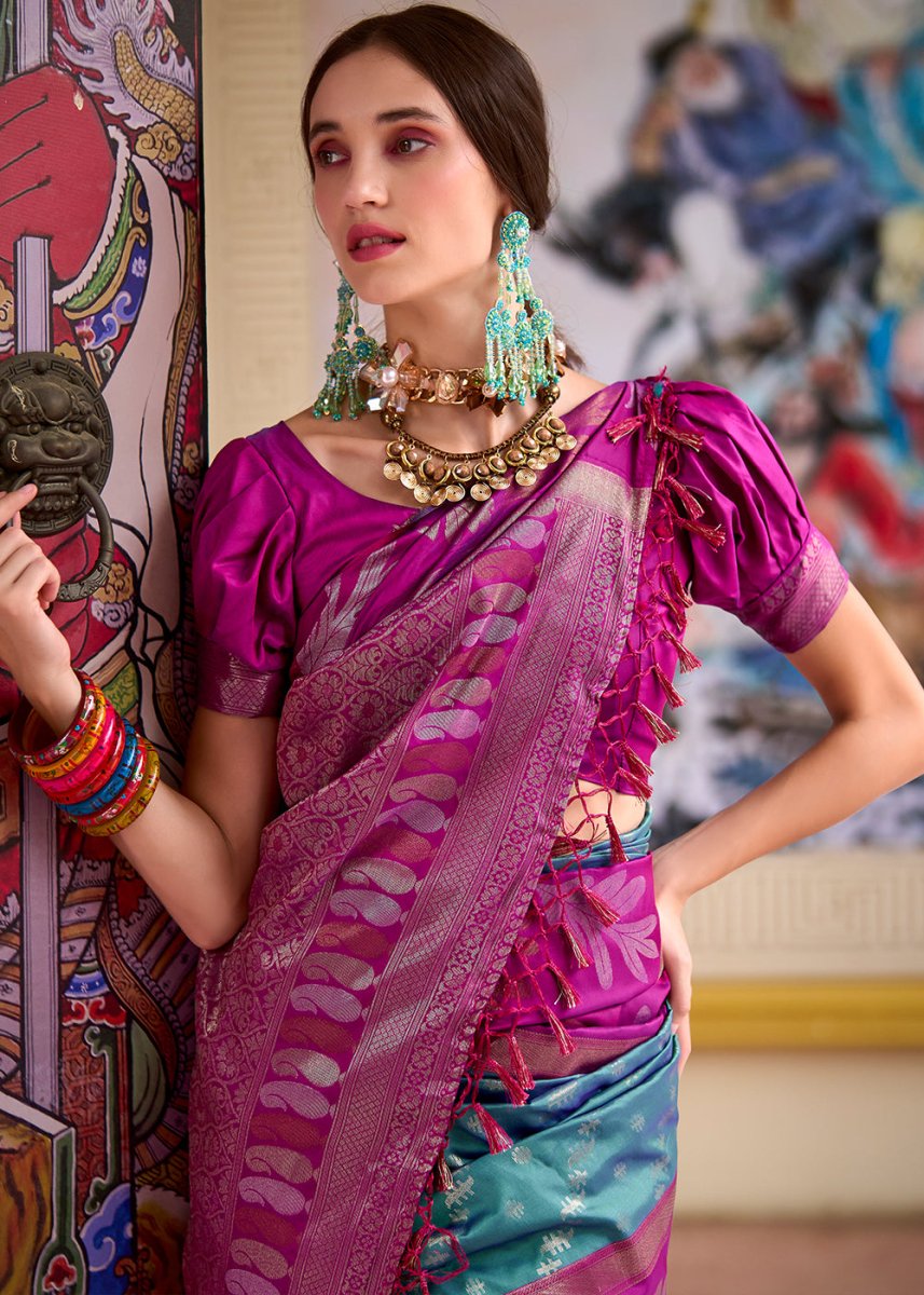 Cerulean Blue Banarasi Silk Saree with Contrasting Pallu and Woven Zari - House of Sarvati LLC