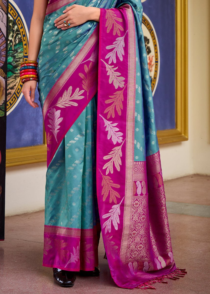 Cerulean Blue Banarasi Silk Saree with Contrasting Pallu and Woven Zari - House of Sarvati LLC