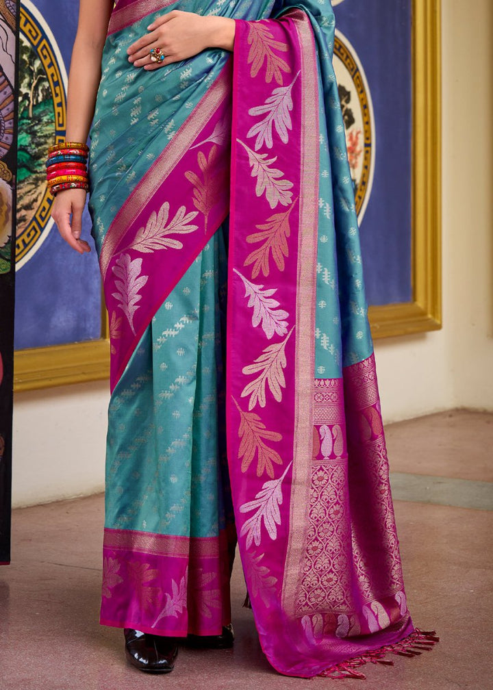 Cerulean Blue Banarasi Silk Saree with Contrasting Pallu and Woven Zari - House of Sarvati LLC