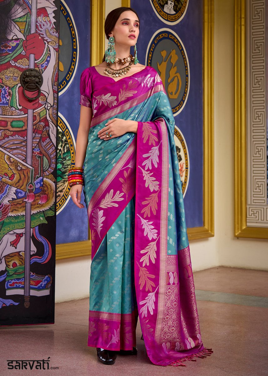 Cerulean Blue Banarasi Silk Saree with Contrasting Pallu and Woven Zari - House of Sarvati LLC