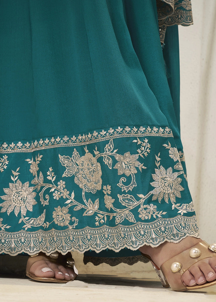 Cerulean Blue Chinon Silk Anarkali Gown with White Embroidery and Sequin Highlights - House of Sarvati LLC
