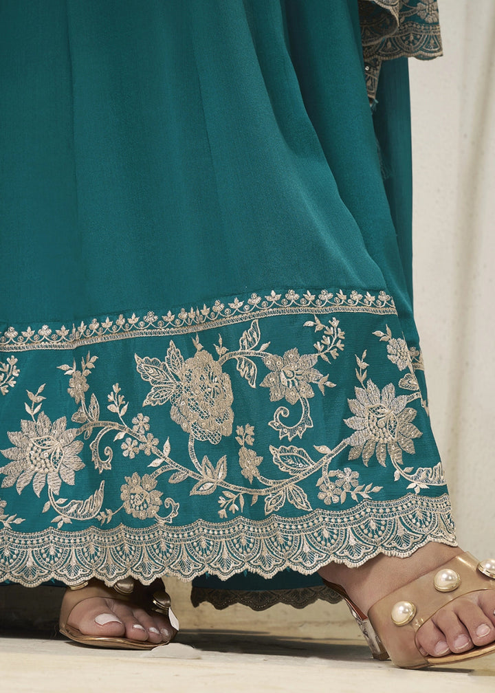 Cerulean Blue Chinon Silk Anarkali Gown with White Embroidery and Sequin Highlights - House of Sarvati LLC