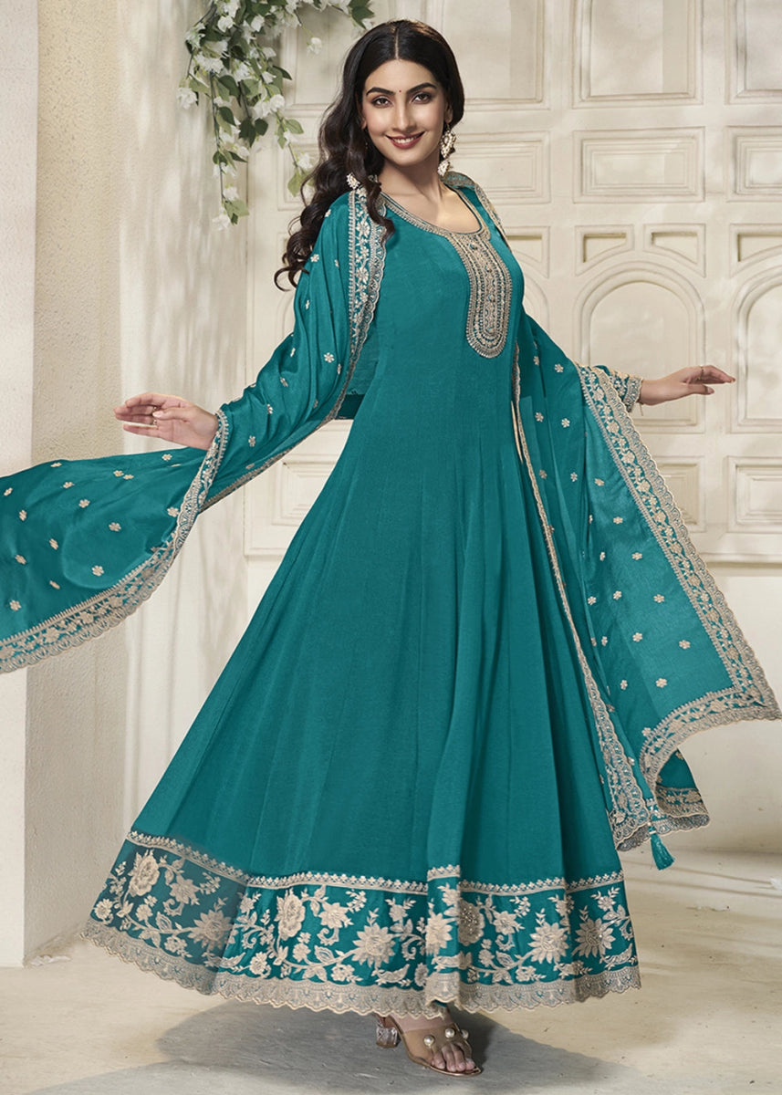 Cerulean Blue Chinon Silk Anarkali Gown with White Embroidery and Sequin Highlights - House of Sarvati LLC