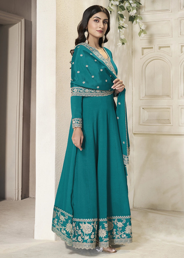 Cerulean Blue Chinon Silk Anarkali Gown with White Embroidery and Sequin Highlights - House of Sarvati LLC