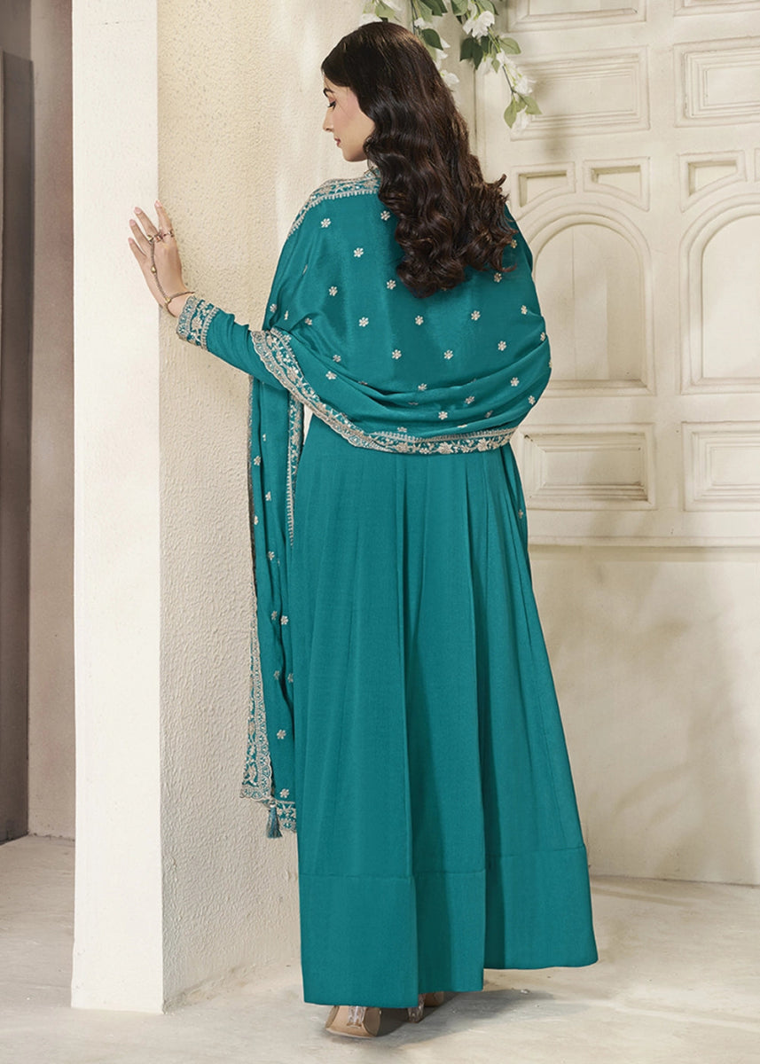 Cerulean Blue Chinon Silk Anarkali Gown with White Embroidery and Sequin Highlights - House of Sarvati LLC