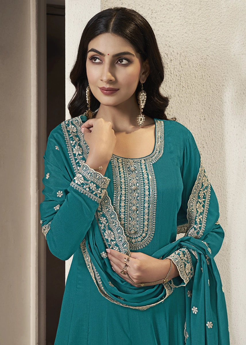 Cerulean Blue Chinon Silk Anarkali Gown with White Embroidery and Sequin Highlights - House of Sarvati LLC