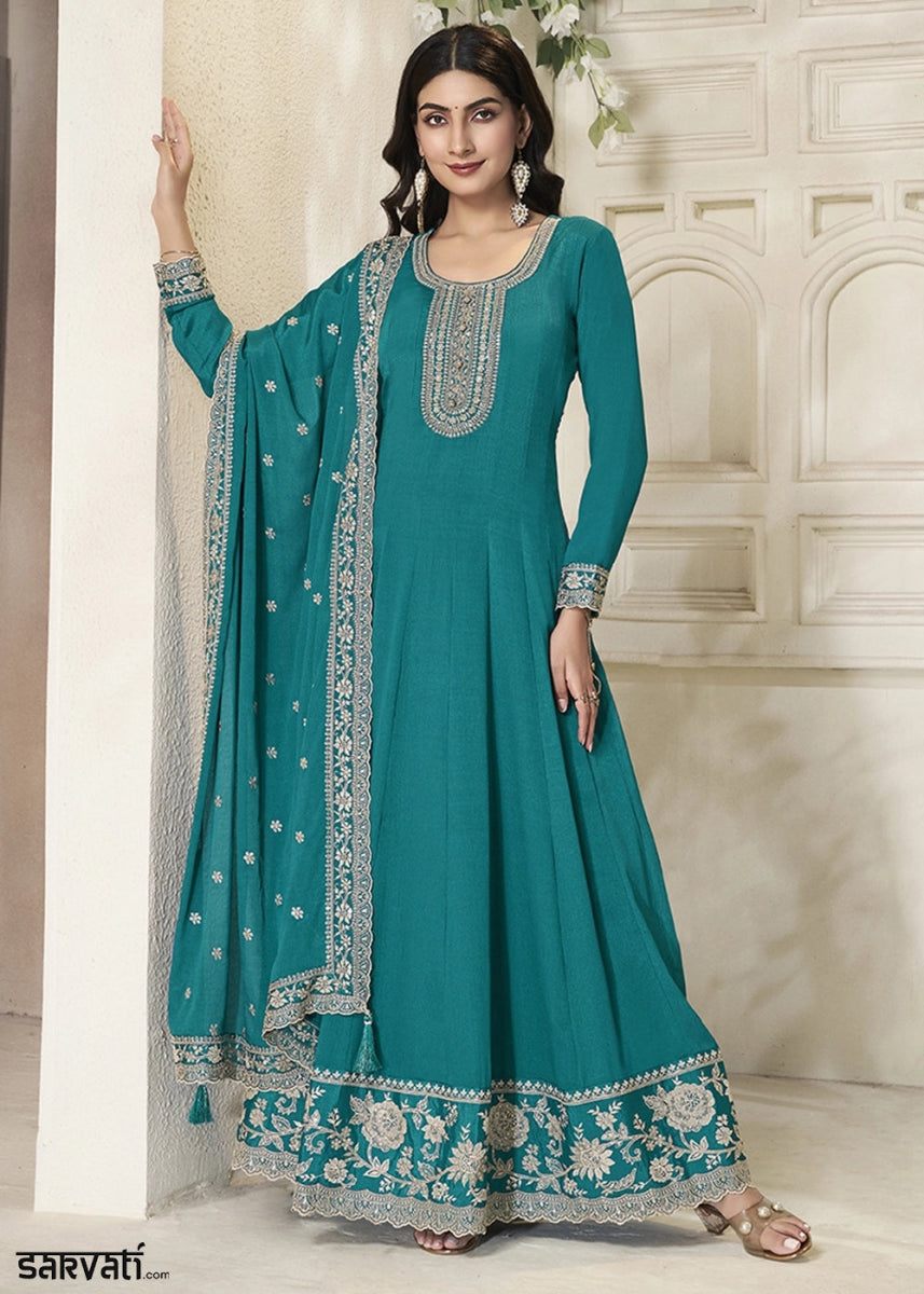 Cerulean Blue Chinon Silk Anarkali Gown with White Embroidery and Sequin Highlights - House of Sarvati LLC