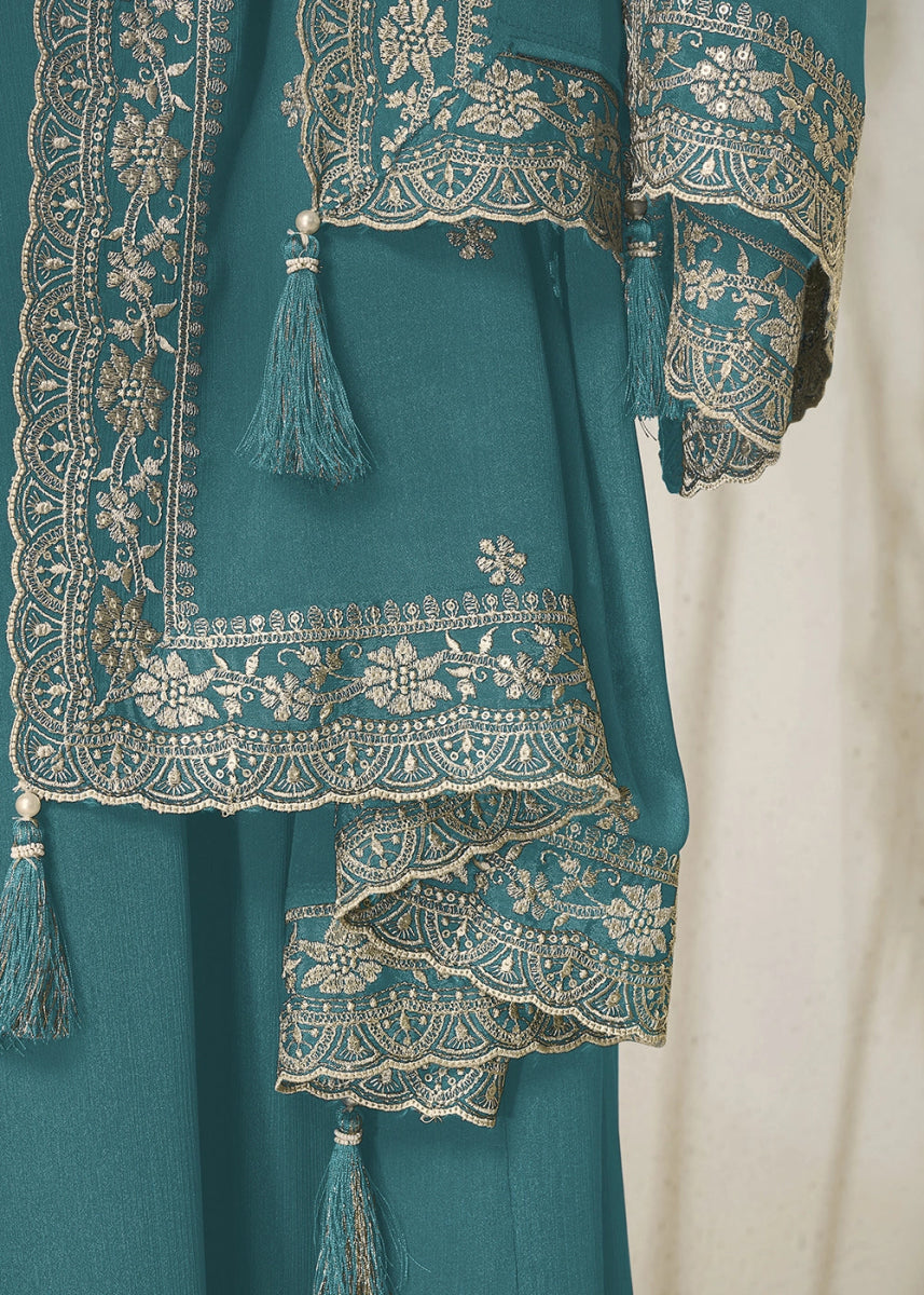 Cerulean Blue Chinon Silk Anarkali Gown with White Embroidery and Sequin Highlights - House of Sarvati LLC