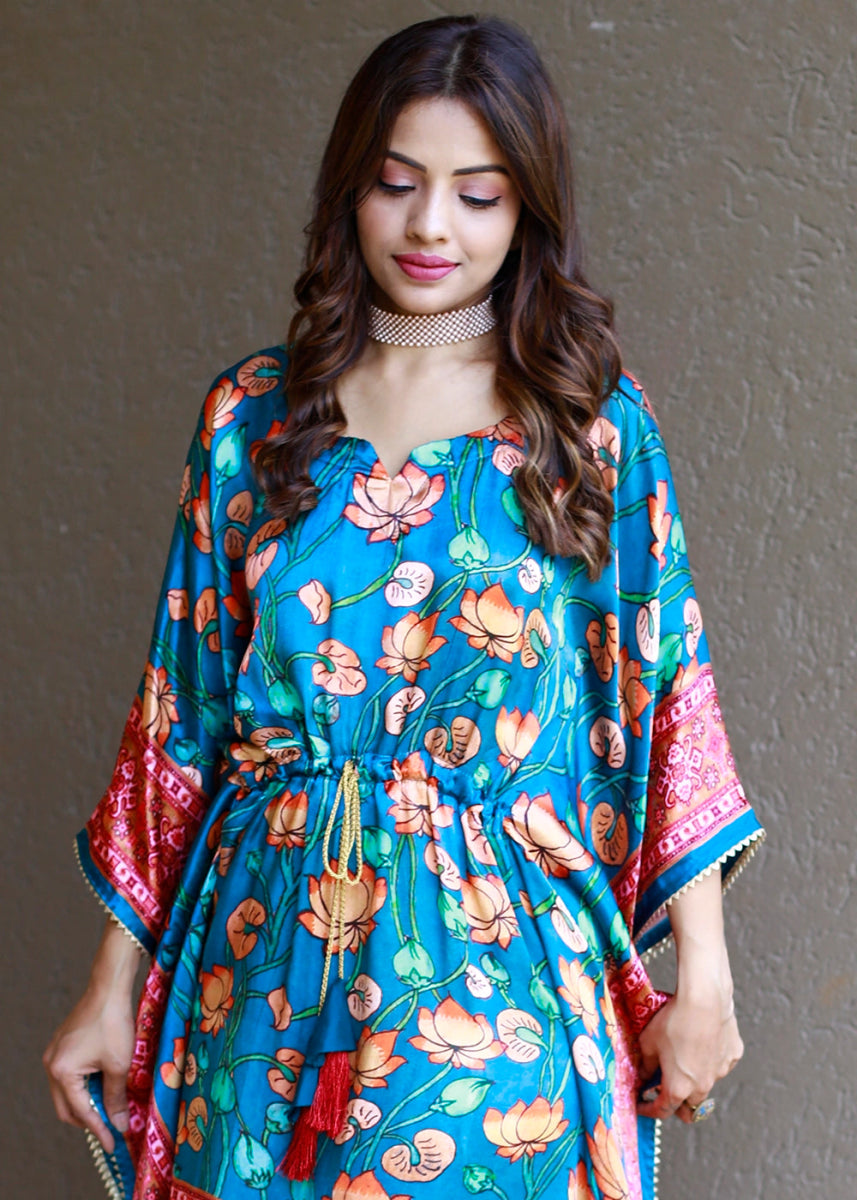 Cerulean Blue Gaji Silk Kaftan with Gota Patti Lace and All - Over Floral Digital Print - House of Sarvati LLC