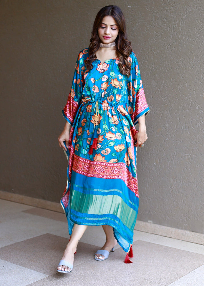 Cerulean Blue Gaji Silk Kaftan with Gota Patti Lace and All - Over Floral Digital Print - House of Sarvati LLC