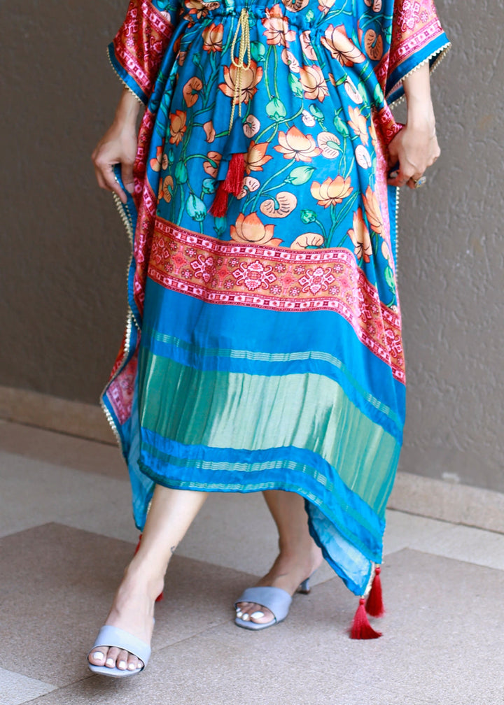 Cerulean Blue Gaji Silk Kaftan with Gota Patti Lace and All - Over Floral Digital Print - House of Sarvati LLC
