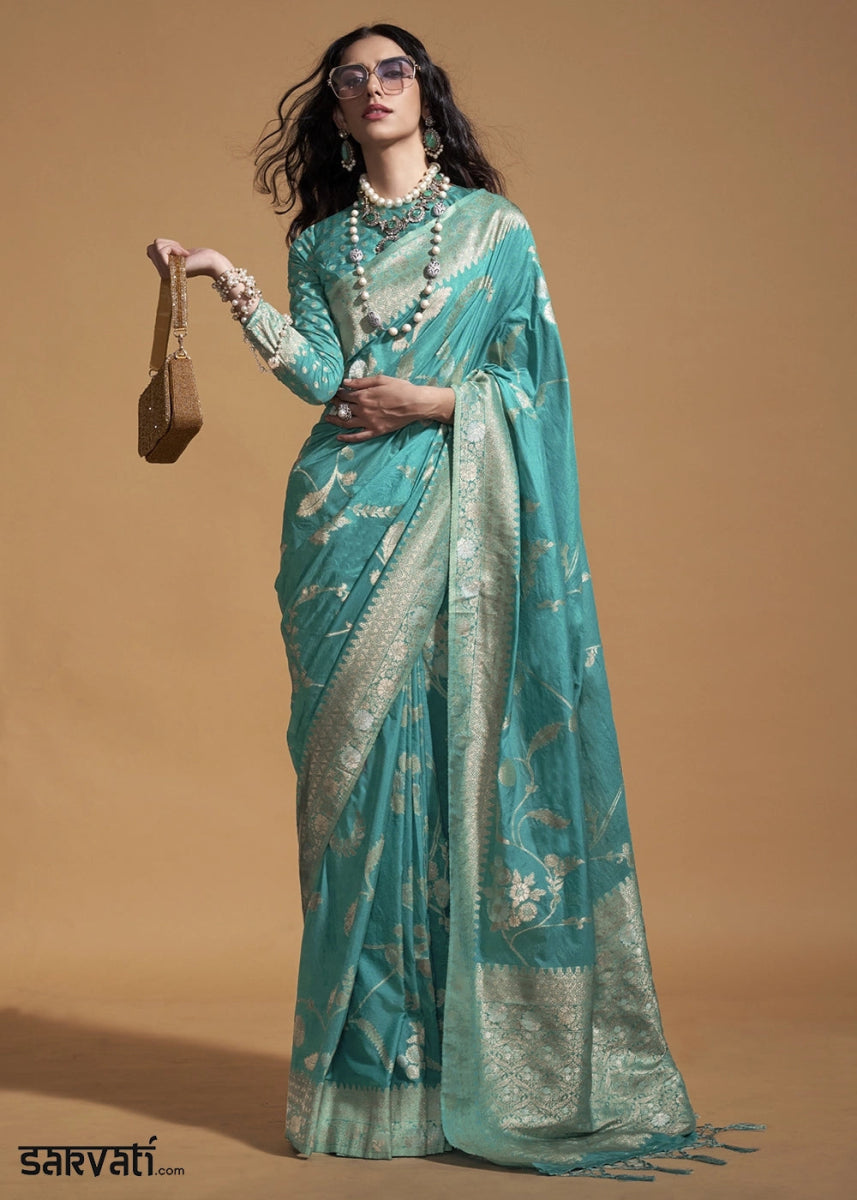 Cerulean Blue Georgette Silk Saree Embellished with Floral Zari Work - House of Sarvati LLC