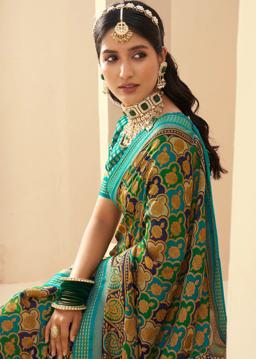 Cerulean Blue Handwoven Zari Georgette Silk Saree - House of Sarvati LLC