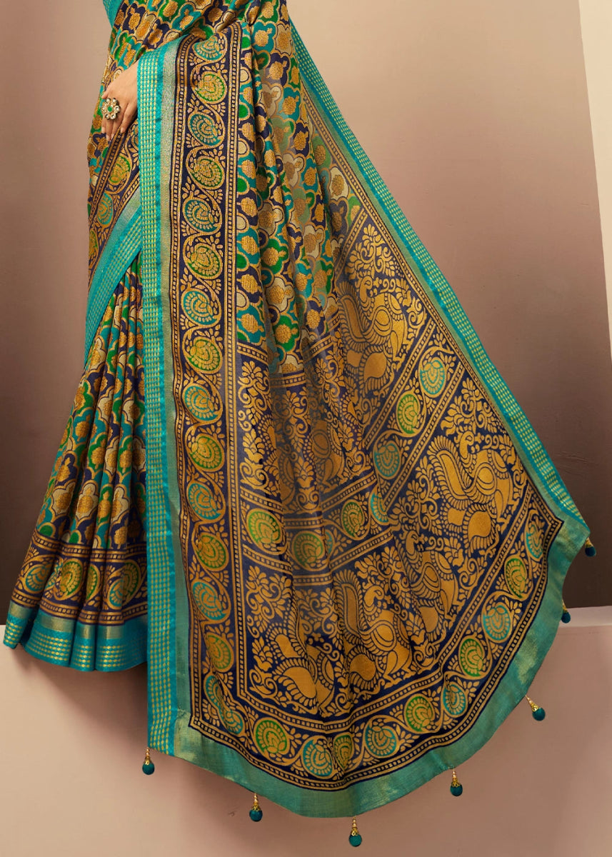 Cerulean Blue Handwoven Zari Georgette Silk Saree - House of Sarvati LLC
