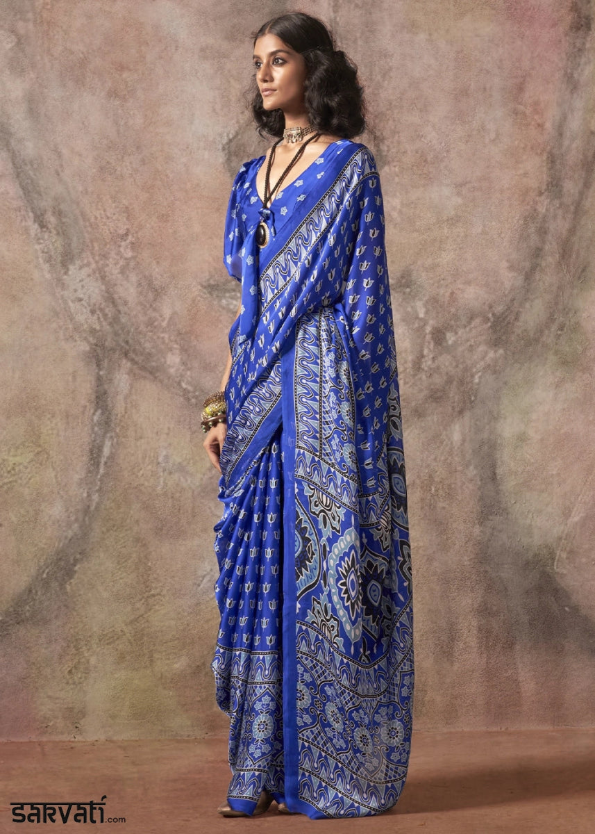 Cerulean Blue Printed Satin Georgette Saree with Ajrakh & Bandhani Patterns - House of Sarvati LLC