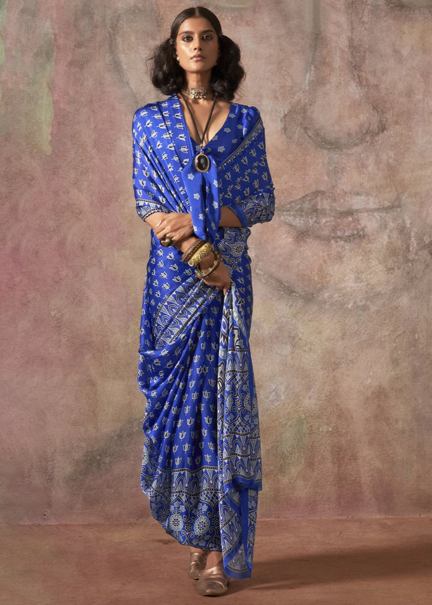 Cerulean Blue Printed Satin Georgette Saree with Ajrakh & Bandhani Patterns - House of Sarvati LLC