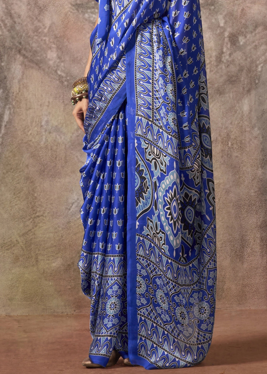 Cerulean Blue Printed Satin Georgette Saree with Ajrakh & Bandhani Patterns - House of Sarvati LLC
