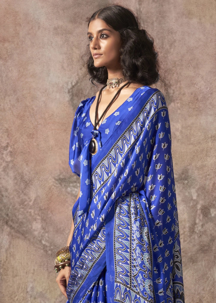 Cerulean Blue Printed Satin Georgette Saree with Ajrakh & Bandhani Patterns - House of Sarvati LLC