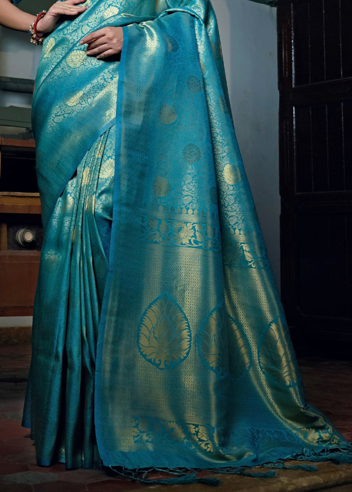 Cerulean Blue Raw Silk Saree with Kanjivaram Zari Weaving - House of Sarvati LLC