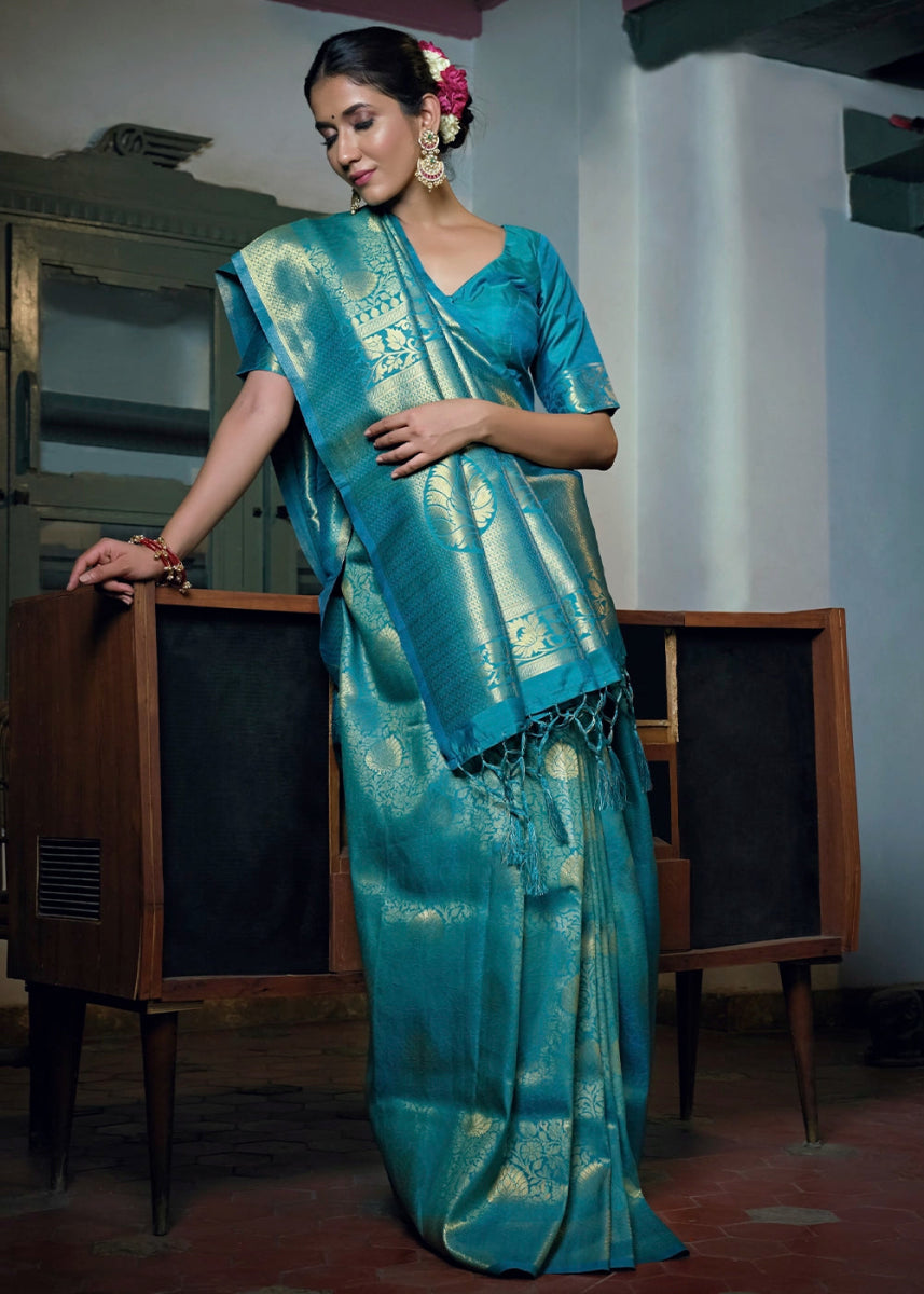 Cerulean Blue Raw Silk Saree with Kanjivaram Zari Weaving - House of Sarvati LLC