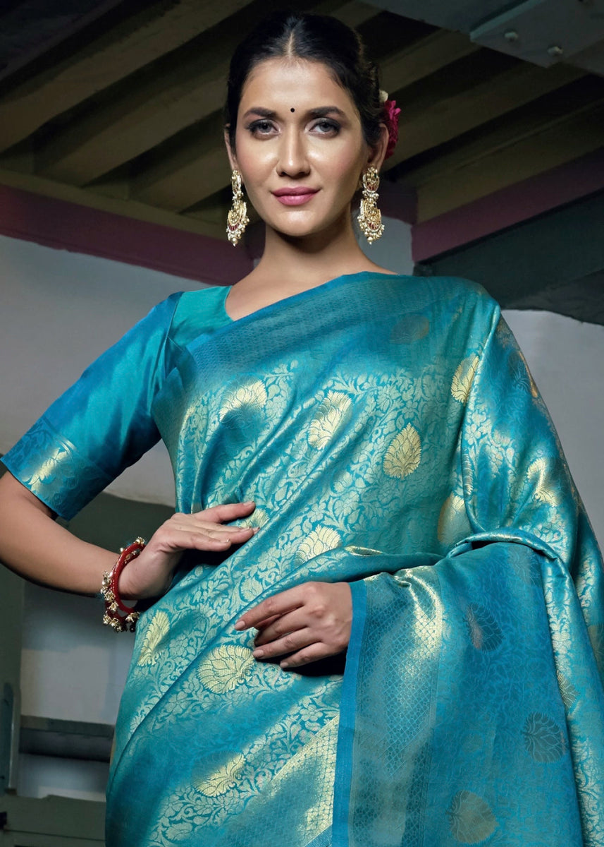 Cerulean Blue Raw Silk Saree with Kanjivaram Zari Weaving - House of Sarvati LLC