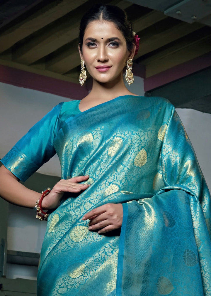 Cerulean Blue Raw Silk Saree with Kanjivaram Zari Weaving - House of Sarvati LLC