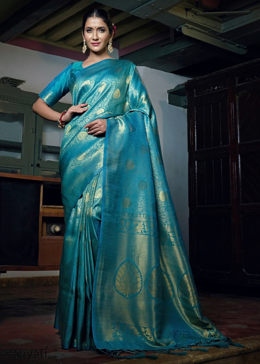 Cerulean Blue Raw Silk Saree with Kanjivaram Zari Weaving - House of Sarvati LLC
