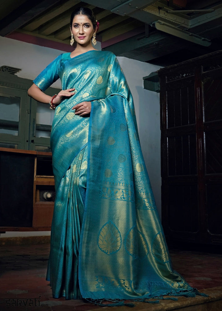 Cerulean Blue Raw Silk Saree with Kanjivaram Zari Weaving - House of Sarvati LLC