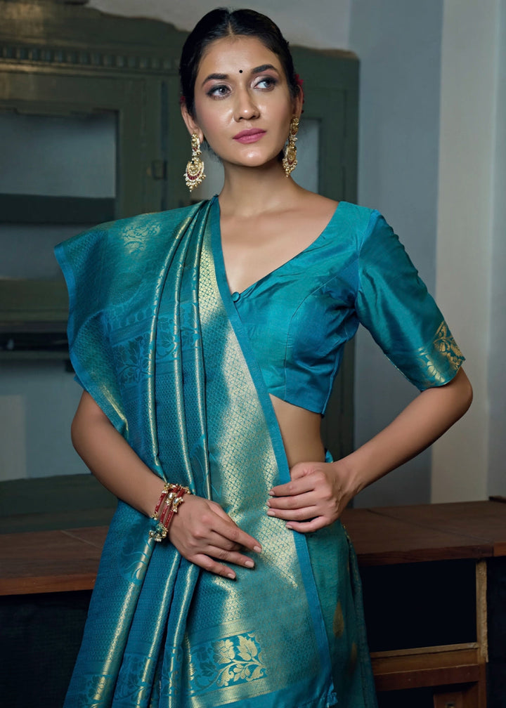 Cerulean Blue Raw Silk Saree with Kanjivaram Zari Weaving - House of Sarvati LLC