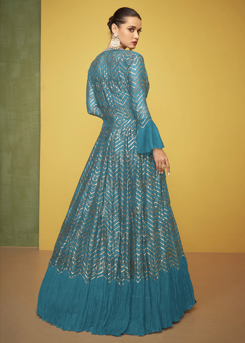 Cerulean Blue Silk Anarkali Gown Featuring Intricate Embroidery And Stylish Long Jacket - House of Sarvati LLC