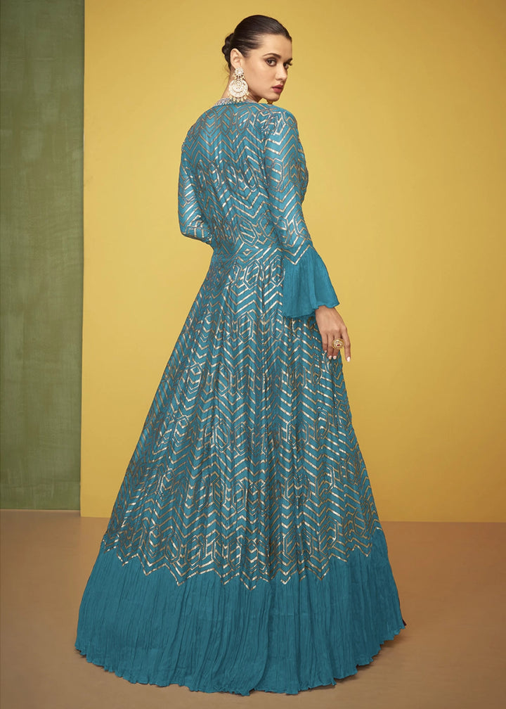 Cerulean Blue Silk Anarkali Gown Featuring Intricate Embroidery And Stylish Long Jacket - House of Sarvati LLC