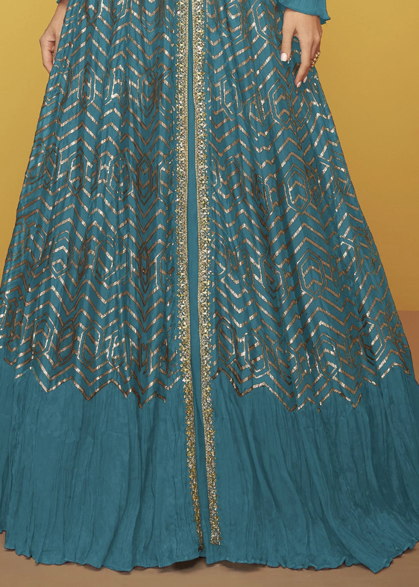 Cerulean Blue Silk Anarkali Gown Featuring Intricate Embroidery And Stylish Long Jacket - House of Sarvati LLC
