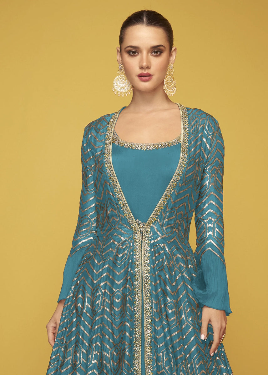 Cerulean Blue Silk Anarkali Gown Featuring Intricate Embroidery And Stylish Long Jacket - House of Sarvati LLC