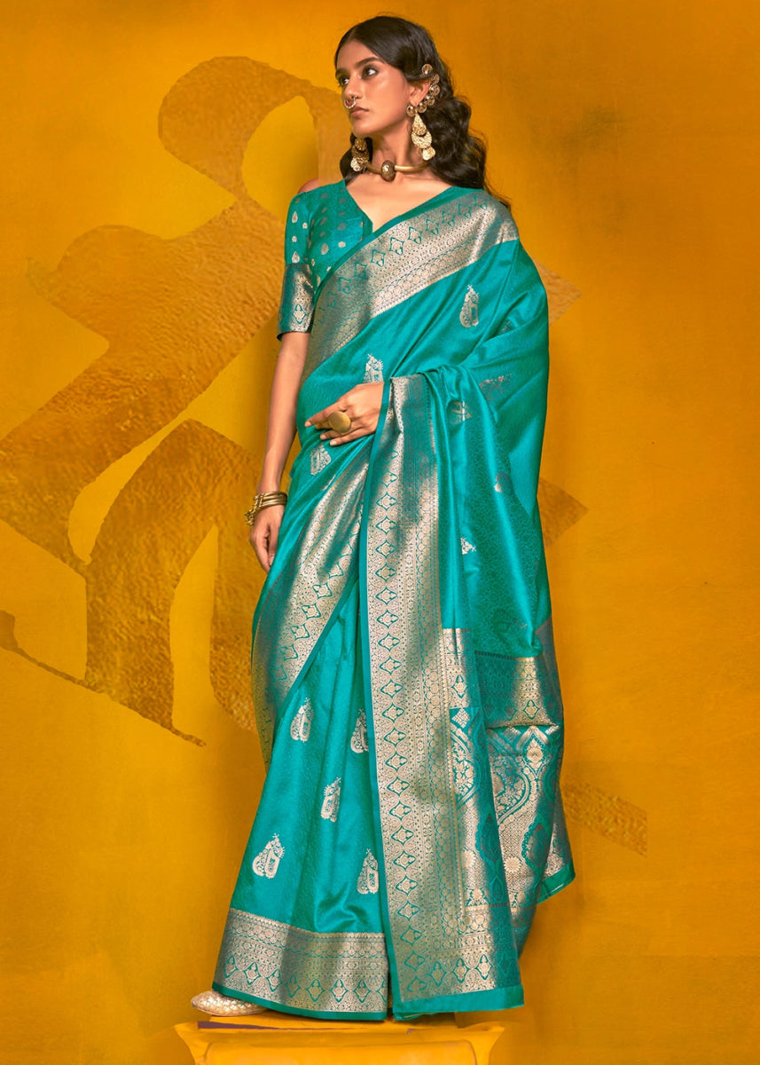 Cerulean Blue Silk Saree Handwoven with Brocade Blouse - House of Sarvati LLC