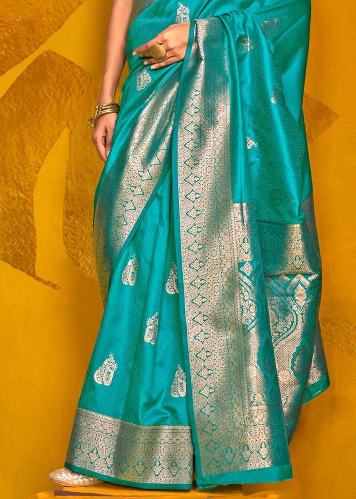 Cerulean Blue Silk Saree Handwoven with Brocade Blouse - House of Sarvati LLC